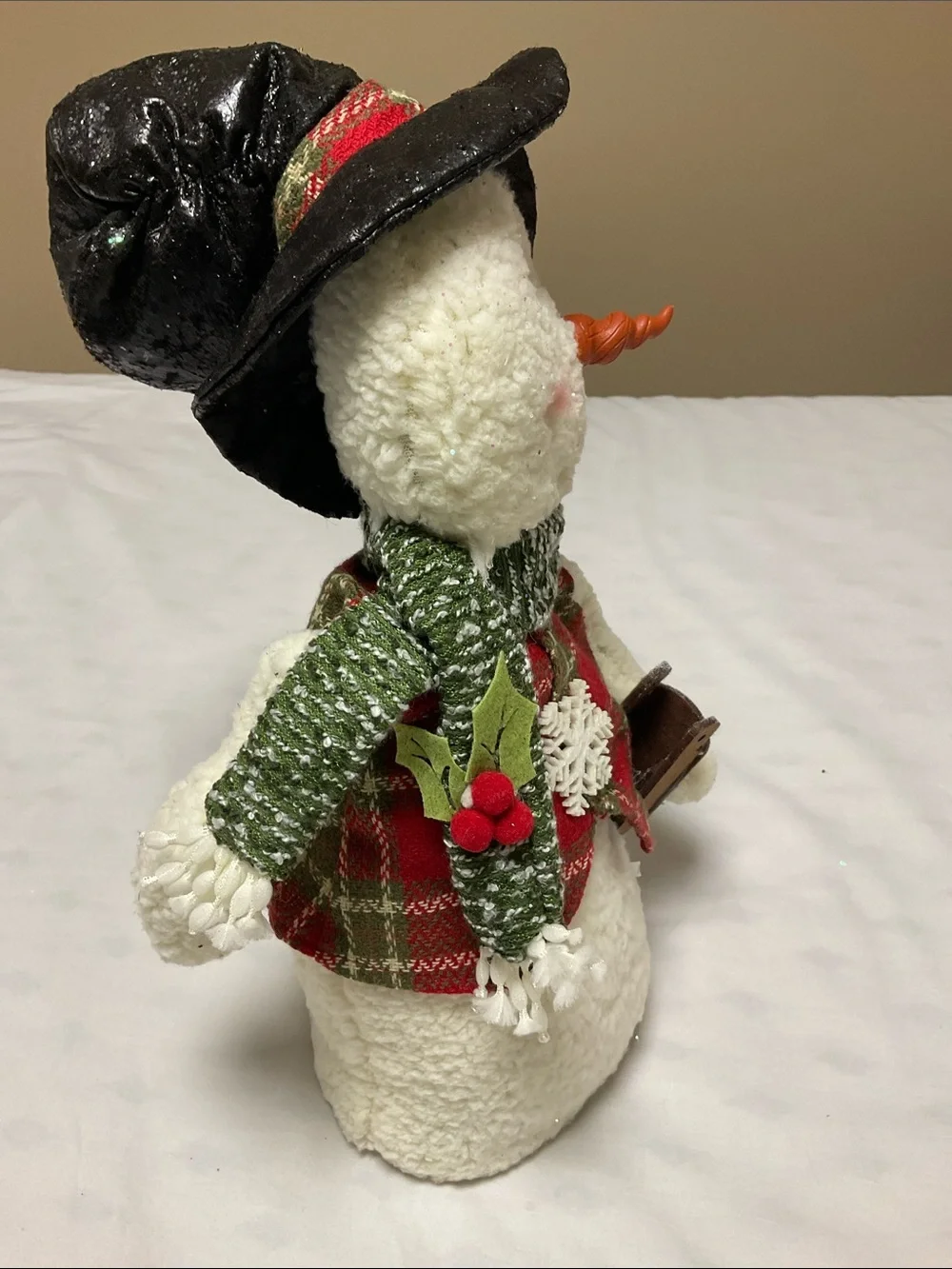 17” Plush Snowman Holiday Figure with Black Hat and Red Plaid Vest.